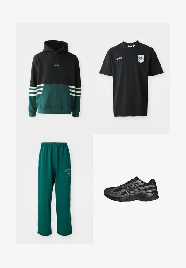 Čierna a tmavozelená mikina Adidas s predným vreckom, tromi bielymi pruhmi na rukávoch a logom Adidas na hrudi.; Čierne tričko s krátkym rukávom vyrobené z bavlny, s okrúhlym výstrihom. Obsahuje biele logo Adidas a nášivku s modrým emblémom na ľavej hrudi.; Zelené športové nohavice vyrobené z hladkej tkaniny, s elastickým pásom, potlačou loga na jednej strane a bielymi postrannými pruhmi. Štandardný strih.; Čierne športové topánky vyrobené z pletiva a syntetických materiálov, s textúrovaným povrchom, viacerými šedými pruhmi a polstrovaným golierom.