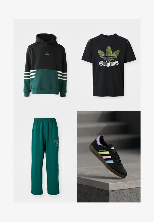 Čierna a tmavozelená mikina Adidas s predným vreckom, tromi bielymi pruhmi na rukávoch a logom Adidas na hrudi.; Čierne bavlnené tričko s roztrhnutým zeleným grafickým dizajnom so tromi pruhmi a slovom "Originals" pod ním v bielej farbe, okrúhly výstrih, krátke rukávy.; Zelené športové nohavice vyrobené z hladkej tkaniny, s elastickým pásom, potlačou loga na jednej strane a bielymi postrannými pruhmi. Štandardný strih.; Čierna teniska Adidas Spezial s pastelovo žltými, ružovými a modrými pruhmi, levanduľovým jazýčkom na päte a hnedou podrážkou, vznášajúca sa nad betónovou hranou.