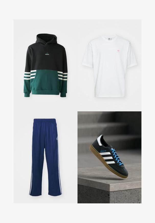 Schwarzer und dunkelgrüner Adidas-Hoodie mit einer Fronttasche, drei weißen Streifen an den Ärmeln und dem Adidas-Logo auf der Brust.; Weißes Baumwoll-T-Shirt mit Rundhalsausschnitt und kurzen Ärmeln. Auffällige Details sind ein kleines pinkes und grünes Logo auf der linken Brust.; Marineblaue Sporthosen mit einem lockeren Schnitt, ausgestattet mit weißen seitlichen Streifen und einem elastischen Bund. Glattes Material, keine sichtbaren Muster oder Beschläge.; Schwarzer Adidas-Sneaker mit weißen Streifen, blauen Schnürsenkeln und Gummisohle, der über einer grauen Betontreppe im weichen Licht schwebt.