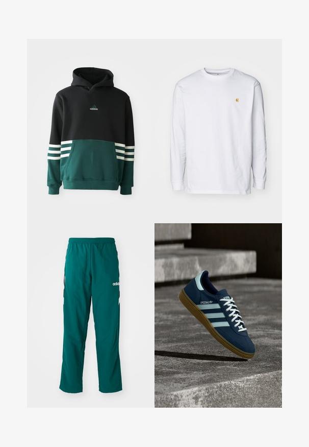 Sudadera Adidas negra y verde oscuro con bolsillo frontal, tres rayas blancas en las mangas y logo de Adidas en el pecho.; Camiseta de manga larga blanca de algodón. Cuenta con un pequeño logo dorado en el pecho y un cuello redondo. Diseño simple y corte estándar.; Pantalones deportivos verdes hechos de tela ligera, con una cinturilla elástica, bolsillos laterales y el logo blanco de Adidas en el lado izquierdo.; Zapatilla azul Adidas Spezial con rayas y cordones blancos, suela de goma, flotando sobre una superficie de hormigón rugosa y escaleras de fondo.