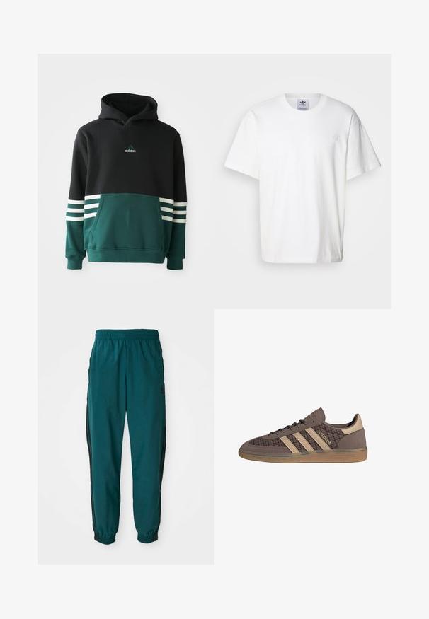 Sudadera Adidas negra y verde oscuro con bolsillo frontal, tres rayas blancas en las mangas y logo de Adidas en el pecho.; Camiseta de algodón blanca con cuello redondo y mangas cortas. Presenta un pequeño logotipo bordado en el pecho. Diseño simple y clásico.; Pantalones deportivos en color verde azulado con cintura ajustable por cordón, puños elásticos y rayas negras en los lados. Fabricados con un tejido ligero, presentan un logo cerca de la cadera.; Zapatilla Adidas Spezial marrón y beige con patrón pata de gallo, rayas beige, suela de goma y detalles en ante, mostrada de lado.