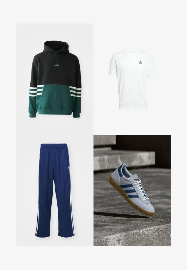 Sort og mørkegrøn Adidas hættetrøje med forlommer, tre hvide striber på ærmerne og Adidas-logo på brystet.; Hvid bomulds t-shirt med korte ærmer og rund hals. Har et lille sort Adidas-logo på venstre brystområde.; Marineblå sportbukser med en afslappet pasform, udstyret med hvide sidestativer og elastisk talje. Glat stof, ingen synlige mønstre eller hardware.; Lyseblå Adidas Spezial sneakers med marineblå striber og gummisål, vist i luften over betontrapper i et neutralt udendørsmiljø.