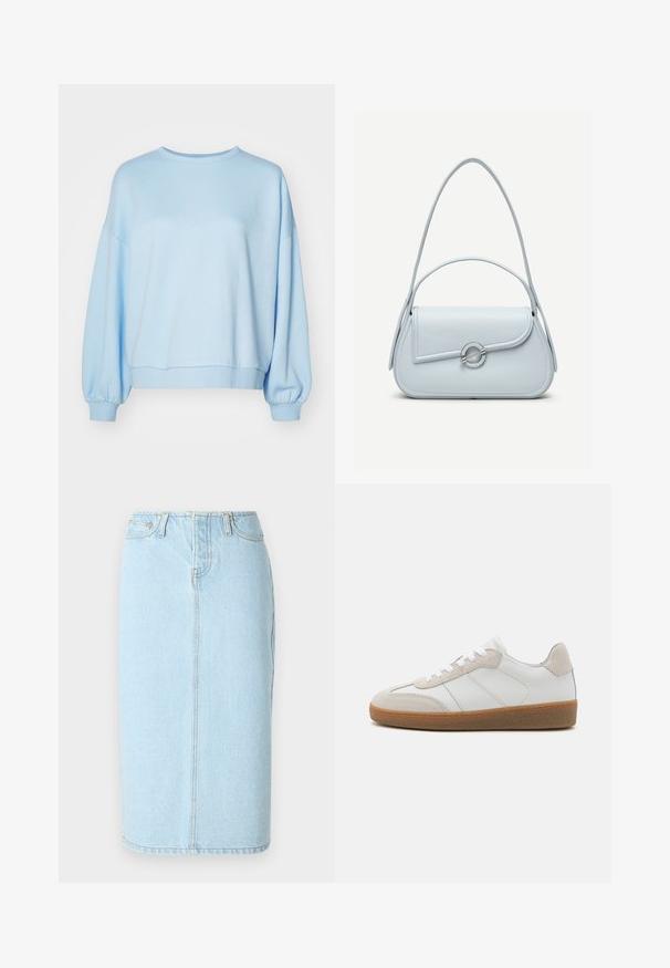 Helles blaues Pullover-Sweatshirt, aus weicher Baumwolle gefertigt, mit einem runden Ausschnitt, überschnittenen Schultern und elastischen Bündchen in einer lockeren Passform.; Helle blaue Denim-Bleistiftrock mit hoher Taille, Fünf-Taschen-Design und subtilen Stickdetails entlang der Nähte.; Weiße Leder-Sneaker mit beige Suede-Akzenten, strukturiertem Zungenbereich und Gummisohle. Verfügt über weiße Schnürsenkel und dezente eingestickte Details.; Hellblaue Lederhandtasche mit abgerundetem Überschlag, silbernem, rundem Verschluss und zwei Schulterriemen vor einfarbigem Hintergrund.