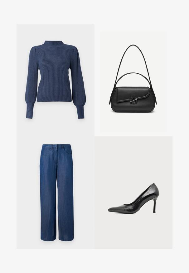 Pull en maille côtelée bleu marine avec un col montant, des manches ballons longues et une coupe ajustée. Fabriqué en tissu doux et texturé.; Pantalons en denim à jambe large en bleu foncé. Fabriqués en coton avec une texture lisse. Comprend deux poches avant et une fermeture à boutons à la taille.; Chaussure à talon haut pour femme en cuir verni noir avec bout pointu et talon fin sur fond clair uni.; Sac à main en cuir noir avec bords arrondis, rabat asymétrique, fermoir circulaire en métal, et des bandoulières courtes et longues.
