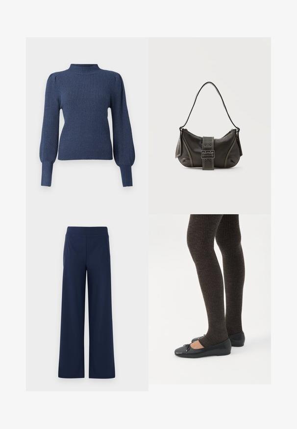 Pull en maille côtelée bleu marine avec un col montant, des manches ballons longues et une coupe ajustée. Fabriqué en tissu doux et texturé.; Pantalons larges bleu marine avec une taille élastique, texture douce et deux poches latérales, conçus pour le confort et la liberté de mouvement.; Jambes portant des leggings côtelés foncés associés à des ballerines noires avec de petits détails en nœud sur fond blanc.; Sac à épaule en cuir noir avec une sangle à boucle, des bords arrondis et des coutures blanches contrastées sur un fond uni.