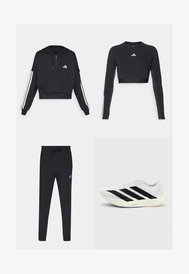 Sort cropped hoodie lavet af blødt stof, med en frontlomme, lynlås lukning og hvide striber langs ærmerne samt logo på brystet.; Sort cropped træningstop med lange ærmer lavet af glat stof. Har et hvidt logo på brystet og stribede detaljer på ærmerne.; Sorte atletiske bukser lavet af blødt stof, med elastisk talje, tætsiddende ben og et lille hvidt Adidas-logo på venstre lår.; Hvid løbesko med sort tre-stribet design på siden og tyk hvid sål mærket "Lightstrike Pro" på ensfarvet baggrund.