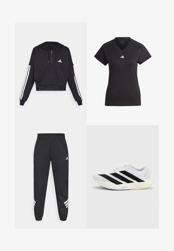 Schwarzer, kurz geschnittener Hoodie aus weichem Stoff, mit einer Fronttasche, Reißverschluss und weißen Streifen entlang der Ärmel sowie einem Logo auf der Brust.; Schwarzes Sport-T-Shirt mit V-Ausschnitt, kurzen Ärmeln und weißem Logo auf der Brust. Verfügt über einen strukturierten Kragen mit wiederholten dreieckigen Mustern.; Schwarze Jogginghose mit elastischem Bund, schmal zulaufenden Beinen und weißem Drei-Streifen-Design an den Seiten. Hergestellt aus weichem Material.; Weißer Laufschuh mit schwarzem Drei-Streifen-Design an der Seite und dicker weißer Sohle mit der Aufschrift "Lightstrike Pro" auf einfarbigem Hintergrund.