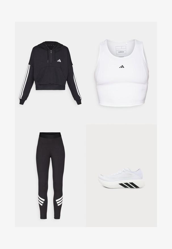 Čierna cropped mikina s kapucňou vyrobená z jemnej látky, s predným vreckom, zipsom a bielymi pruhmi pozdĺž rukávov a logom na hrudi.; Biely športový crop top vyrobený z ľahkej, priedušnej tkaniny. Obsahuje sieťované bočné panely a čierne vyšitý logo na hrudi.; Čierne legíny vyrobené z elastického materiálu, s širokým pásom a tromi bielymi horizontálnymi pruhmi blízko dolnej časti nôh.; Biela športová topánka s hrubou podrážkou, čierne diagonálne pruhy na strednej podrážke, sieťovinový zvršok a šnúrky, zobrazená zboku na obyčajnom pozadí.