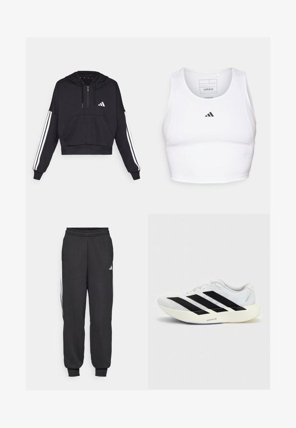 Čierna cropped mikina s kapucňou vyrobená z jemnej látky, s predným vreckom, zipsom a bielymi pruhmi pozdĺž rukávov a logom na hrudi.; Biely športový crop top vyrobený z ľahkej, priedušnej tkaniny. Obsahuje sieťované bočné panely a čierne vyšitý logo na hrudi.; Čierne športové nohavice s elastickým pásom, zúženými členkami a bielymi bočnými pruhmi. Vyrobené z jemnej látky s hladkým povrchom.; Biela bežecká topánka s čiernym dizajnom so tromi pruhmi na boku a hrubou bielou podrážkou označenou "Lightstrike Pro" na jednofarebnom pozadí.