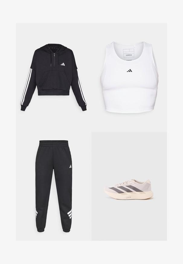 Zwarte cropped hoodie van zacht materiaal, met een voorzak, ritssluiting, en witte strepen langs de mouwen en een logo op de borst.; Witte sportieve crop top gemaakt van lichte, ademende stof. Beschikt over mesh zijkanten en een zwart geborduurd logo op de borst.; Zwarte sweatpants met een elastische tailleband, taps toelopende benen en een wit drie-strepenontwerp aan de zijkanten. Gemaakt van zachte stof.; Lichtgewicht sportieve sneakers in lichtroze en grijs, met een bovenwerk van mesh, drie donkere strepen, en een dikke crèmekleurige zool met het opschrift "LIGHTSTRIKE PRO".