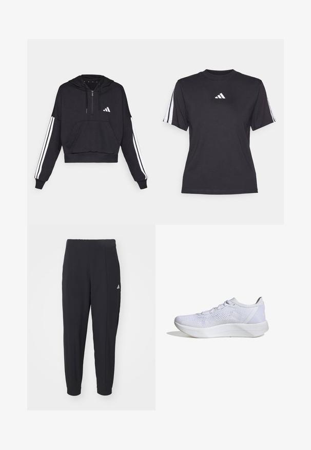 Čierna cropped mikina s kapucňou vyrobená z jemnej látky, s predným vreckom, zipsom a bielymi pruhmi pozdĺž rukávov a logom na hrudi.; Čierne športové tričko vyrobené z mäkkého materiálu, s klasickým okrúhlym výstrihom, krátkymi rukávmi a tromi bielymi pruhmi na každom ramene. Biely logo na hrudi.; Čierne športové nohavice vyrobené z hladkej tkaniny. Zúžený strih s elastickými manžetami. Obsahujú malé biele logo na ľavom boku.; Biele atletické topánky s priedušným sieťovým zvrškom, šnurovací dizajn, polstrovaný golier a textúrovaná gumová podrážka pre trakciu.