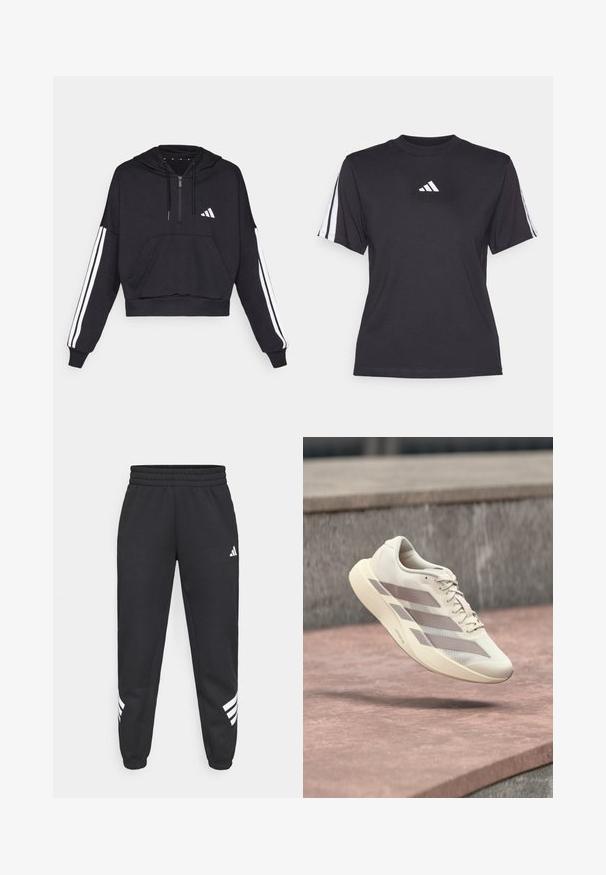 Mustaga lühike kapuutsiga sviiter, mis on valmistatud pehmest kangast, esi-tasku, tõmbluku sulgemine ning valged triibud varrukatel ja logo rinnal.; Must maal sport särk pehmest kangast, millel on ümmargune kaelus, lühikesed varrukad ja iga õla peal kolm valget triipu. Valge logo rinnal.; Mustad mustad põlvpüksid elastse vöökohaga, kitsenevad jalad ning valged kolm riba disain külgedel. Valmistatud pehmest kangast.; Kreemikas jooksujalats pronksjoontega, hõljumas punakaspruuni plaatpinna ja halli kivist tausta kohal.
