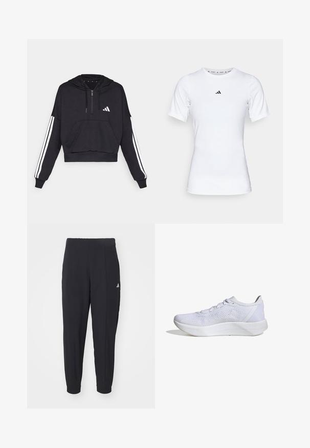 Sudadera corta negra hecha de tejido suave, con un bolsillo frontal, cierre de cremallera y rayas blancas a lo largo de las mangas y un logo en el pecho.; Camiseta deportiva blanca de manga corta, hecha de una tela suave y elástica. Presenta un pequeño logo negro de Adidas en el pecho.; Pantalones deportivos negros fabricados con una tela suave. Diseño entallado con puños elásticos. Presenta un pequeño logo blanco en la cadera izquierda.; Zapatilla deportiva blanca con una parte superior de malla transpirable, diseño con cordones, acolchado en el tobillo y una suela de goma texturizada para tracción.