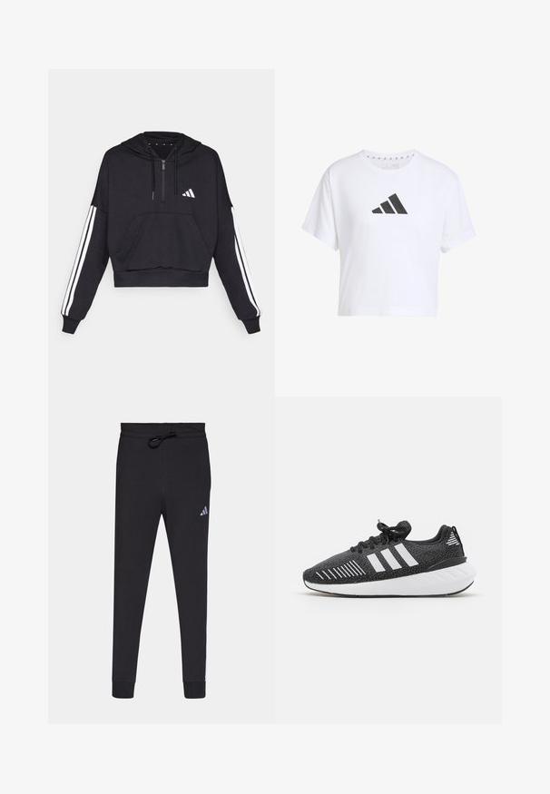 Čierna cropped mikina s kapucňou vyrobená z jemnej látky, s predným vreckom, zipsom a bielymi pruhmi pozdĺž rukávov a logom na hrudi.; Biely skrátený tričko z bavlny s čiernym logom s tromi pruhmi na prednej strane, krátke rukávy a okrúhly výstrih.; Čierne športové nohavice vyrobené z mäkkej tkaniny, s nastaviteľným pásom, zúženými nohavicami a malým bielym logom Adidas na ľavom stehne.; Čierne športové topánky s textúrovaným zvrškom, bielym trojprúžkovým dizajnom, gumovou podrážkou a kontrastnými bielymi akcentmi na päte.