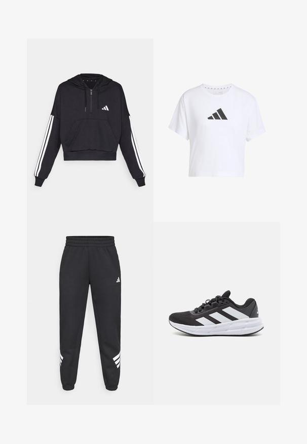 Sudadera corta negra hecha de tejido suave, con un bolsillo frontal, cierre de cremallera y rayas blancas a lo largo de las mangas y un logo en el pecho.; Camiseta corta blanca de algodón con un logotipo de tres rayas en negro en la parte frontal, con mangas cortas y un escote redondo.; Pantalones de chándal negros con cintura elástica, piernas ajustadas y diseño de tres rayas blancas a los lados. Hechos de una tela suave.; Zapatilla deportiva negra con un upper de tela texturizada, que presenta tres rayas blancas en el lateral, una entresuela blanca y una suela de goma.