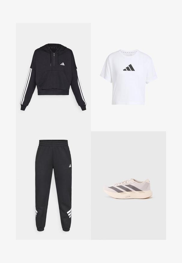 Schwarzer, kurz geschnittener Hoodie aus weichem Stoff, mit einer Fronttasche, Reißverschluss und weißen Streifen entlang der Ärmel sowie einem Logo auf der Brust.; Weißes, cropped T-Shirt aus Baumwolle mit einem schwarzen Logo mit drei Streifen auf der Vorderseite, ausgestattet mit kurzen Ärmeln und einem runden Halsausschnitt.; Schwarze Jogginghose mit elastischem Bund, schmal zulaufenden Beinen und weißem Drei-Streifen-Design an den Seiten. Hergestellt aus weichem Material.; Leichte Sportsneaker in zartem Rosa und Grau mit einem Obermaterial aus Mesh, drei dunklen Streifen und einer dicken, cremefarbenen Sohle mit der Aufschrift "LIGHTSTRIKE PRO".