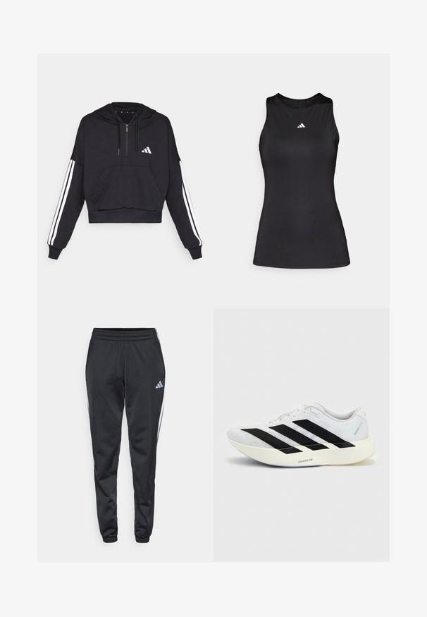 Čierna cropped mikina s kapucňou vyrobená z jemnej látky, s predným vreckom, zipsom a bielymi pruhmi pozdĺž rukávov a logom na hrudi.; Čierny bezrúškový športový top z hladkej látky. Disponuje okrúhlym výstrihom a malým bielym logom Adidas na hrudi.; Čierne športové nohavice s elastickým pásom, zúženými nohavicami a bielymi bočnými pruhmi. Na ľavom stehne je malé šedé logo trefoil.; Biela bežecká topánka s čiernym dizajnom so tromi pruhmi na boku a hrubou bielou podrážkou označenou "Lightstrike Pro" na jednofarebnom pozadí.