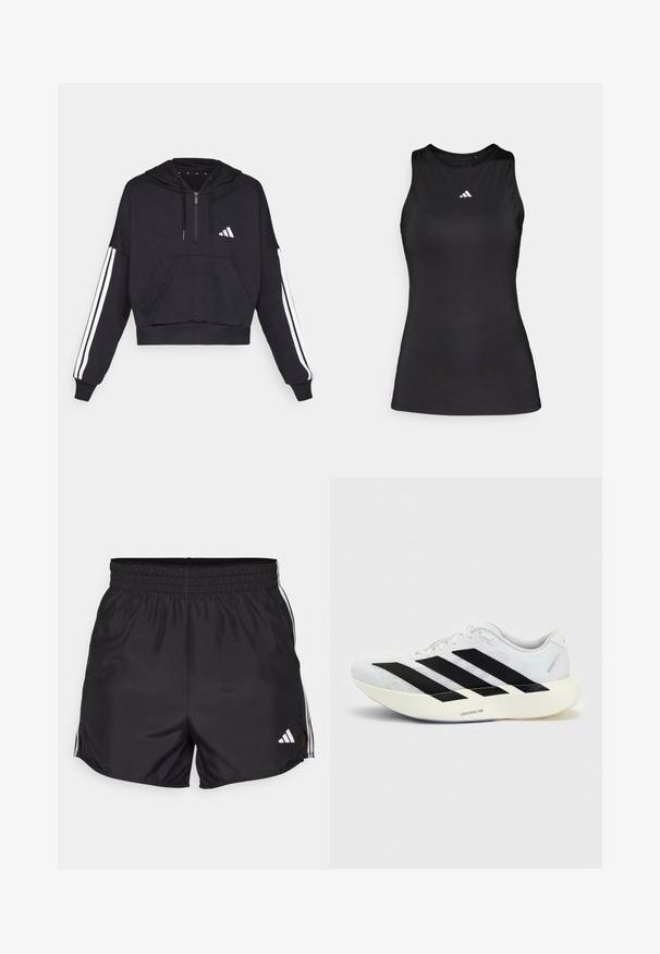 Zwarte cropped hoodie van zacht materiaal, met een voorzak, ritssluiting, en witte strepen langs de mouwen en een logo op de borst.; Zwart mouwloos sporttop gemaakt van gladde stof. Heeft een ronde halslijn en een klein wit Adidas-logo op de borst.; Zwarte sportshorts met een elastische tailleband, zijsplitten en witte drievoudige strepenaccenten. Bevat een klein wit logo op de rechteronderkant.; Witte hardloopschoen met zwart drie-strepen ontwerp aan de zijkant en dikke witte zool met label "Lightstrike Pro" op een effen achtergrond.