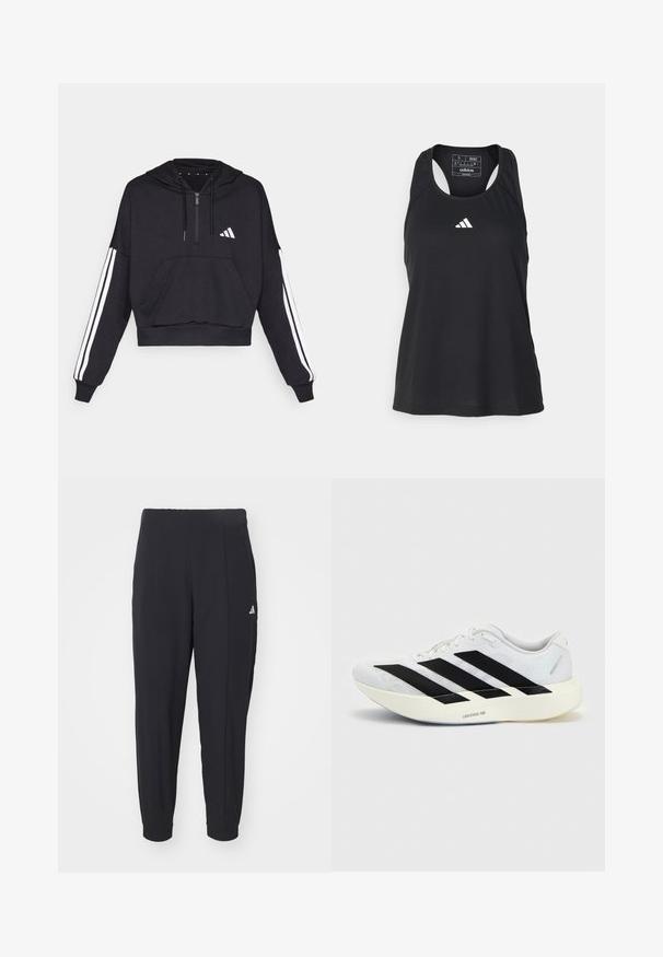 Sudadera corta negra hecha de tejido suave, con un bolsillo frontal, cierre de cremallera y rayas blancas a lo largo de las mangas y un logo en el pecho.; Camiseta sin mangas negra deportiva con cuello redondo y logo blanco en el pecho. Fabricada con una tela suave y ligera.; Pantalones deportivos negros fabricados con una tela suave. Diseño entallado con puños elásticos. Presenta un pequeño logo blanco en la cadera izquierda.; Zapatilla de running blanca con diseño negro de tres franjas en el lateral y suela blanca gruesa con la etiqueta "Lightstrike Pro" sobre fondo liso.