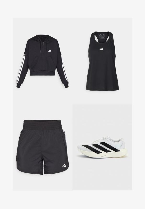 Mustaga lühike kapuutsiga sviiter, mis on valmistatud pehmest kangast, esi-tasku, tõmbluku sulgemine ning valged triibud varrukatel ja logo rinnal.; Must tumevaba sportlik tank top ringikujulise kaelusega ja valge logoga rinnal. Valmistatud siledast, kergest kangast.; Mustad mustriga mustad sportlikud lühikesed püksid elastse värviga, küljetaskud ja valged triibud külgedel. Valmistatud kerge materjali sisu.; Valge jooksujalats mustade kolme triibuga küljel, pehmendusega Lightstrike Pro tallaga ja paeltega kinnitusega.
