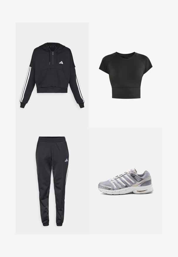 Zwarte cropped hoodie van zacht materiaal, met een voorzak, ritssluiting, en witte strepen langs de mouwen en een logo op de borst.; Zwarte crop top van rekbaar materiaal met een ronde halslijn en korte raglanmouwen. Beschikt over een aansluitend ontwerp en een zachte textuur.; Zwarte sportieve broek met een elastische tailleband, taps toelopende benen en witte zijkanten. Voorzien van een klein grijs trefoil-logo op de linker bovenbeen.; Lichtgrijze en witte sportsneaker met mesh-stof, gewatteerde zool en veterluiting, zijaanzicht op witte achtergrond.