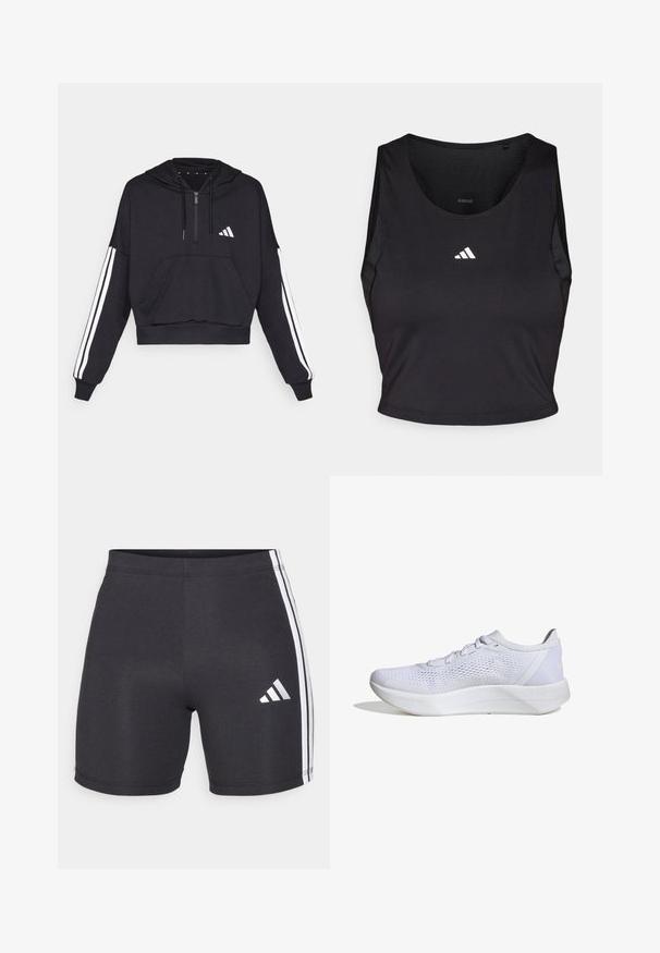 Sudadera corta negra hecha de tejido suave, con un bolsillo frontal, cierre de cremallera y rayas blancas a lo largo de las mangas y un logo en el pecho.; Top deportivo negro de corte corto, hecho de tela que absorbe la humedad, con cuello redondo, diseño sin mangas y logo blanco en el pecho.; Pantalones cortos deportivos negros hechos de tejido elástico, con franjas blancas en los lados y un logo de Adidas en la parte inferior de la pierna derecha. Textura suave.; Zapatilla deportiva blanca con una parte superior de malla transpirable, diseño con cordones, acolchado en el tobillo y una suela de goma texturizada para tracción.