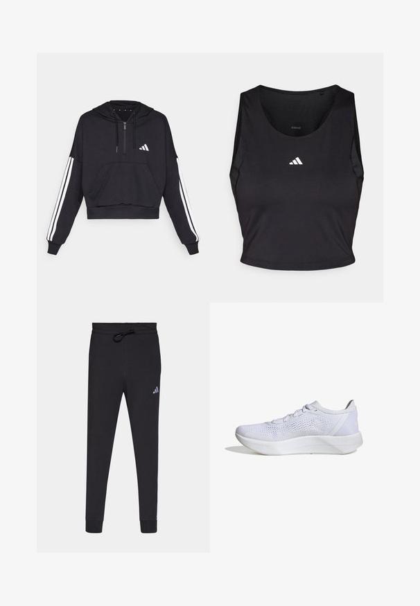 Zwarte cropped hoodie van zacht materiaal, met een voorzak, ritssluiting, en witte strepen langs de mouwen en een logo op de borst.; Zwarte sportcrop top gemaakt van vochtregulerende stof, met een ronde hals, mouwloos ontwerp en wit logo op de borst.; Zwarte sportbroek van zacht materiaal, met een tailleband met trekkoord, taps toelopende benen en een klein wit Adidas-logo op de linkerdij.; Witte sportieve schoen met een ademend mesh bovenwerk, vetersluiting, gevoerde kraag en een gestructureerde rubberen zool voor grip.