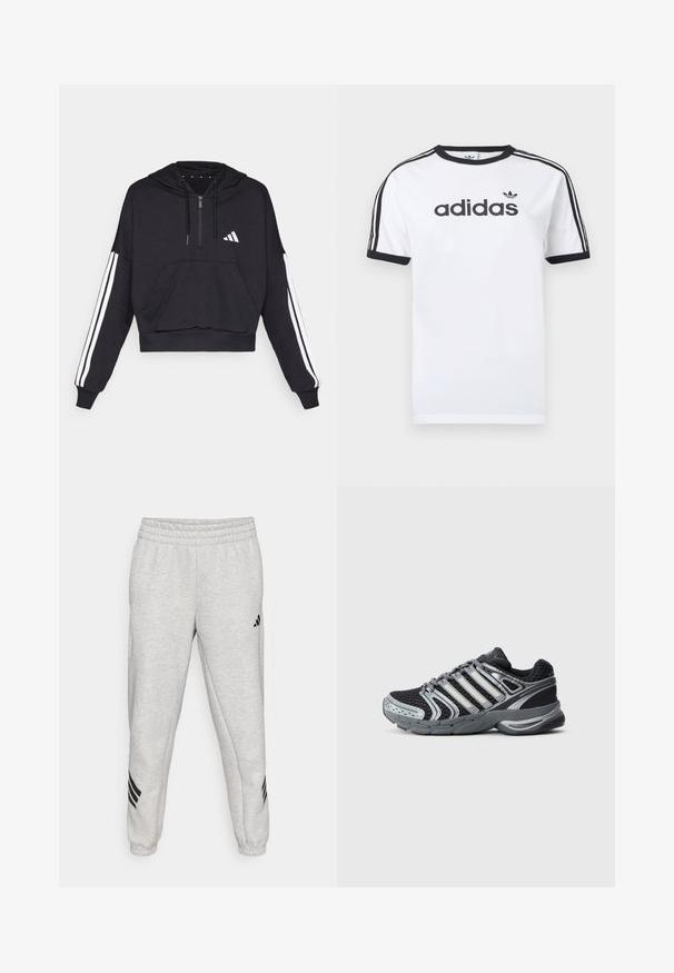 Sudadera corta negra hecha de tejido suave, con un bolsillo frontal, cierre de cremallera y rayas blancas a lo largo de las mangas y un logo en el pecho.; Camiseta blanca de algodón con detalles en negro, presenta un cuello redondo, mangas cortas, tres rayas negras en los hombros y el logo "adidas" en negro.; Pantalones de chándal gris claro con una cintura elástica acanalada, piernas ajustadas y tres franjas diagonales negras cerca de los puños. Textura suave.; Zapatilla deportiva negra y gris con parte superior de malla, detalles plateados y suela exterior de goma moldeada. Cuenta con un sistema de cordones prominente y talón acolchado.