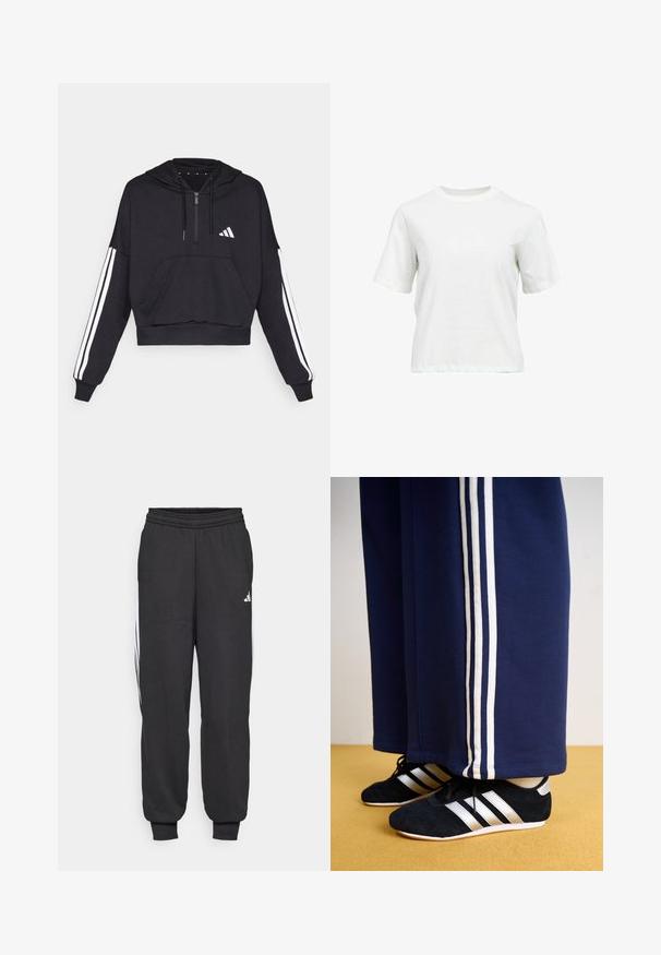 Schwarzer, kurz geschnittener Hoodie aus weichem Stoff, mit einer Fronttasche, Reißverschluss und weißen Streifen entlang der Ärmel sowie einem Logo auf der Brust.; Weißes, kurzärmeliges Baumwoll-T-Shirt mit Rundhalsausschnitt und lockerem Schnitt, auf weißem Hintergrund dargestellt.; Schwarze Sporthosen mit einem elastischen Bund, schmal zulaufenden Knöcheln und weißen Seitenstreifen. Hergestellt aus weichem Stoff mit einer glatten Textur.; Marineblaue Sweatpants mit drei weißen vertikalen Streifen und schwarzen Sportschuhen mit silbernen Streifen und strukturierten Oberflächen. Gelber Boden.