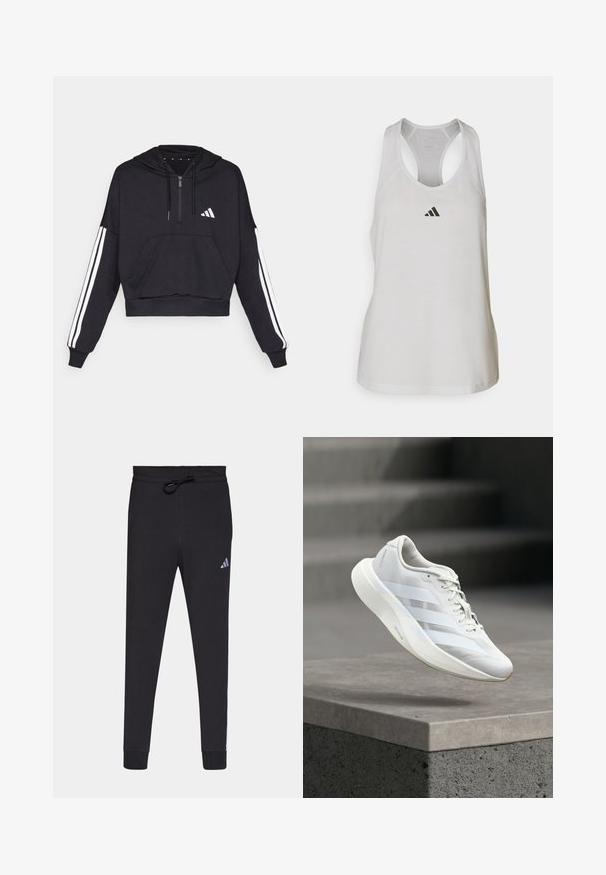 Zwarte cropped hoodie van zacht materiaal, met een voorzak, ritssluiting, en witte strepen langs de mouwen en een logo op de borst.; Witte sportieve tanktop van lichtgewicht stof met een racerback ontwerp en een klein zwart logo op de borst.; Zwarte sportbroek van zacht materiaal, met een tailleband met trekkoord, taps toelopende benen en een klein wit Adidas-logo op de linkerdij.; Witte sportschoen met een gestructureerd bovenwerk, drie zijstrepen, een gedempte zool en een afgeronde neus, geplaatst boven een betonnen oppervlak.