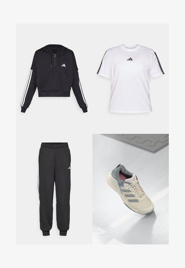 Sudadera corta negra hecha de tejido suave, con un bolsillo frontal, cierre de cremallera y rayas blancas a lo largo de las mangas y un logo en el pecho.; Camiseta de algodón blanca con cuello redondo, mangas cortas y acentos de tres rayas negras en los hombros, con un logo de Adidas en el pecho.; Pantalones deportivos negros con cintura elástica, tobillos ajustados y franjas laterales blancas. Fabricados con un tejido suave y de textura lisa.; Zapatilla deportiva beige con acentos grises, parte superior de malla y suela texturizada. Cuenta con tres rayas grises y detalles interiores en rosa.