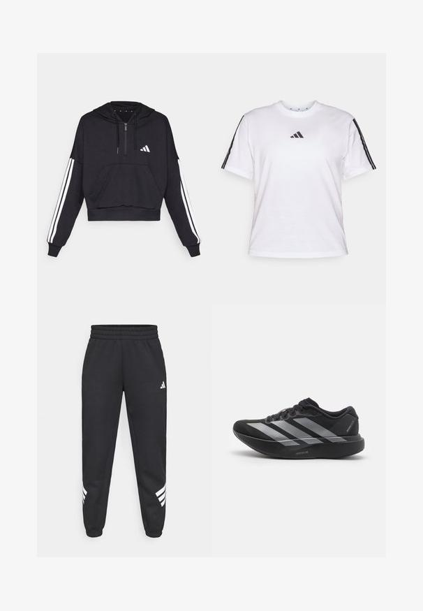 Sudadera corta negra hecha de tejido suave, con un bolsillo frontal, cierre de cremallera y rayas blancas a lo largo de las mangas y un logo en el pecho.; Camiseta de algodón blanca con cuello redondo, mangas cortas y acentos de tres rayas negras en los hombros, con un logo de Adidas en el pecho.; Pantalones de chándal negros con cintura elástica, piernas ajustadas y diseño de tres rayas blancas a los lados. Hechos de una tela suave.; Zapatilla de running negra con rayas plateadas, suela gruesa y acolchada etiquetada como "Lightstrike Pro", vista lateral sobre fondo blanco.