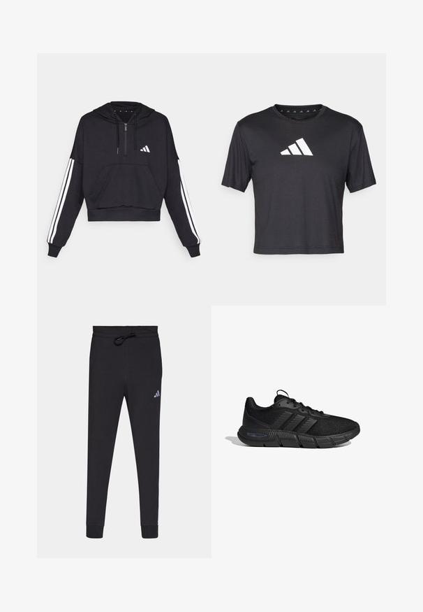 Zwarte cropped hoodie van zacht materiaal, met een voorzak, ritssluiting, en witte strepen langs de mouwen en een logo op de borst.; Zwarte cropped t-shirt van gladde stof, met een witte Adidas-logo op de borst, ronde halslijn en korte mouwen.; Zwarte sportbroek van zacht materiaal, met een tailleband met trekkoord, taps toelopende benen en een klein wit Adidas-logo op de linkerdij.; Zwarte sportieve sneaker met mesh bovenwerk, drie zijstrepen, veterdesign en dikke getextureerde zool met label "Cloudfoam Flex" op witte achtergrond.