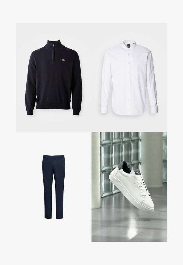 Marineblauwe pullover met een kwart-rits kraag, ribgebreide manchetten en zoom, gemaakt van zacht materiaal, met een klein groen krokodil logo op de borst.; Witte lange mouwen shirt met een bandkraag, knoopsluiting aan de voorkant en afgeronde zoom. Gemaakt van katoen, met een gladde textuur en subtiele glans.; Donker marineblauwe slim-fit herensbroek met riemlussen, voorste knoop- en ritssluiting, weergegeven tegen een witte achtergrond.; Witte leren sneaker met zwarte hiel en tong, veterontwerp, GANT-logo op de zijkant en de tong, weergegeven in een moderne binnenruimte.