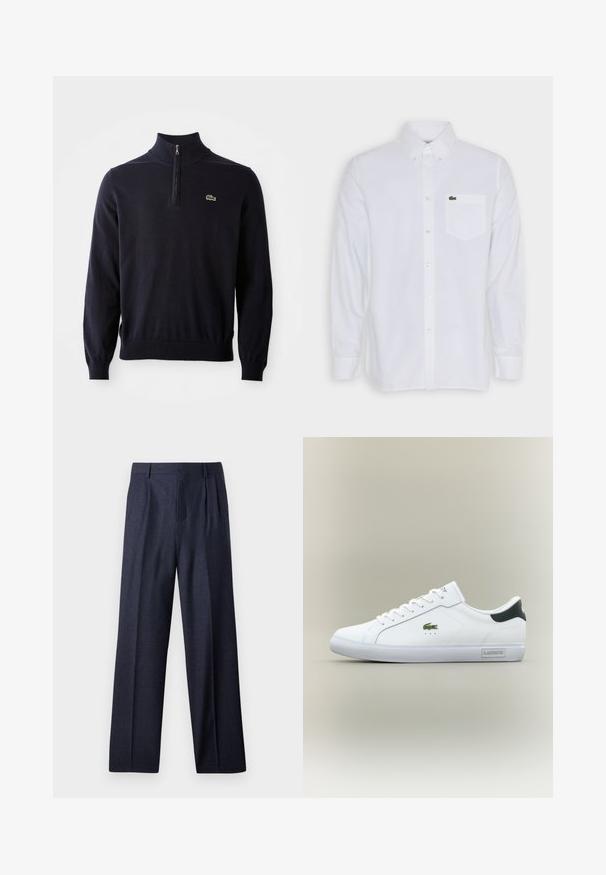 Námornícky modrý pulóver s golierom na štvrtinový zips, s rebrovanými manžetami a spodným lemom, vyrobený z mäkkého materiálu, s malým zeleným logom krokodíla na prsiach.; Biela košela s dlhým rukávom z bavlny, má golier, predné vrecko a malé zelené logo na vrecku na hrudi.; Námornícke vlnené nohavice s prispôsobeným strihom, s prešívaným predným dielom a širokými nohami. Hladká textúra a čisté línie, vhodné na formálne príležitosti.; Biele nízke tenisky s zeleným krokodílovým logom na boku, čiernym pätovým klobúkom, bielymi šnúrkami a značkou "Lacoste" na okraji podrážky.