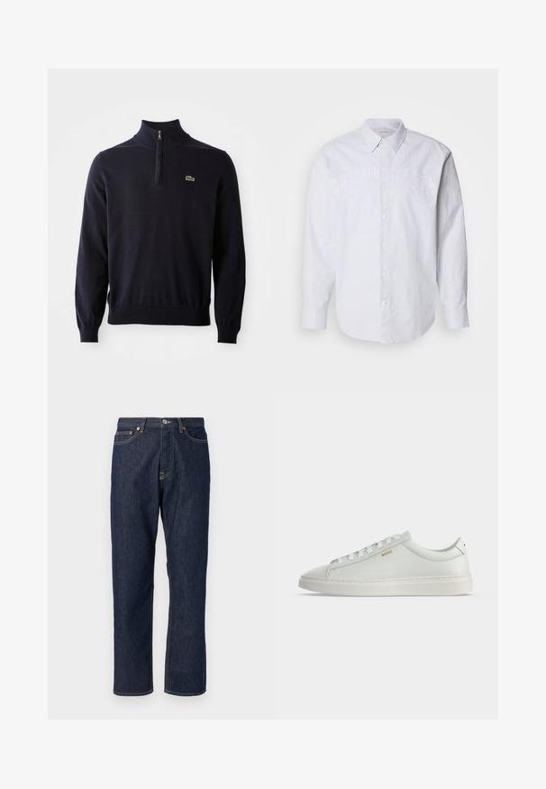 Marineblauwe pullover met een kwart-rits kraag, ribgebreide manchetten en zoom, gemaakt van zacht materiaal, met een klein groen krokodil logo op de borst.; Witte lange mouwen shirt van linnen met verticale blauwe strepen, voorzien van een knoopsluiting aan de voorkant en een reliëf "CALVIN KLEIN" logo over de borst.; Donkerblauwe denim jeans met een rechte pijpdesign. Beschikt over een knoop- en ritssluiting, vijf zakken en contrasterende stikdetails.; Witte lage leren sneaker met veters, platte zool en klein gouden "BOSS" logo aan de zijkant, gezien vanaf de buitenkant.