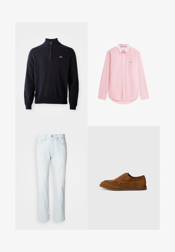 Pull-over bleu marine avec col à fermeture éclair quart de tour, poignets et ourlet côtelés, fabriqué en tissu doux, avec un petit logo de crocodile vert sur la poitrine.; Chemise à manches longues à carreaux roses et blancs avec col et petit logo sur la poitrine gauche.; Jean en denim bleu clair avec une coupe droite. Présente une fermeture à bouton et des passants de ceinture, mettant en valeur une texture décolorée et des coutures minimalistes.; Chaussure en daim marron avec un bout arrondi, des coutures décoratives et six œillets de lacets contrastants. Semelle plate et design minimaliste.