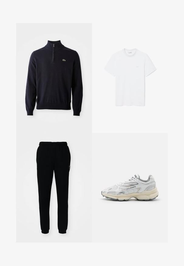 Tumesinine pullover neljatõmbe kaelusega, soonikkoes mansettide ja allaosa äärega, valmistatud pehmest kangast, millel on rinnal väike roheline krokodilli logo.; Lihtne valge lühikeste varrukatega T-särk ümmarguse kaelusega ja väikese tikitud logoga vasakul rinnal.; Mustad mustad püksid elastse vöökoht ja mansettidega. Valmistatud pehmest kangast, millel on väike logo vasakul ülal.; Valged spordijalatsid hallide aktsentidega, suvijõud, nailon ja sünteetiline ülemine osa, nöörimise disain ning tekstuuriga kummist tald, millel on haardemustrid.