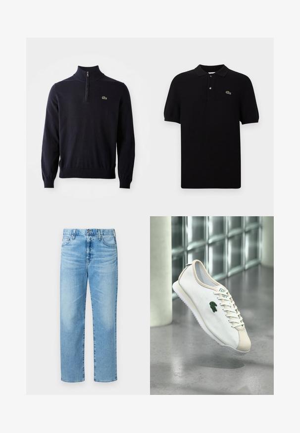 Marineblå pullover med kvart-zip hals, ribbede manchetter og kant, lavet af blødt stof, med et lille grønt krokodillelogo på brystet.; Sort polo skjorte lavet af strikket stof, med klassisk krave, tre knapper og et grønt krokodillelogo på venstre side. Korte ærmer.; Lyseblå denim jeans med lige ben design, som har fem lommer, lynlås i gylpen og en subtil falmet tekstur.; Hvid sneaker med beige kant og grønt krokodillelogo, vist svævende over en grå gulv nær mat glasvægspaneler.