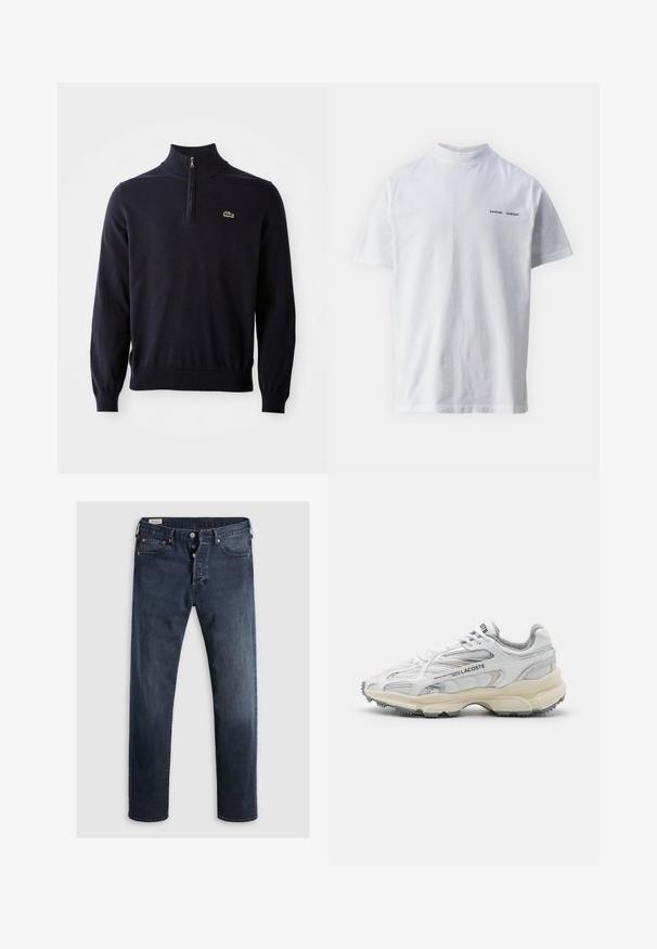Dunkelblauer Pullover mit einem Viertelreißverschluss-Kragen, Rippbündchen und -saum, aus weichem Material hergestellt, mit einem kleinen grünen Krokodil-Logo auf der Brust.; Weißes Baumwoll-T-Shirt mit hohem Ausschnitt und kurzen Ärmeln. Mit schwarzem "SAMSØE SAMSØE" Logo auf der Vorderseite. Glatte Textur.; Dunkelblaue Denim-Jeans mit geradem Bein, ausgestattet mit einem Reißverschluss, Metallknöpfen und Kupfernieten. Glatte Textur, keine sichtbaren Muster.; Weiße Sportschuhe mit grauen Akzenten, Obermaterial aus Mesh und Synthetik, Schnürdesign und rutschfester Gummisohle mit Strukturmustern.