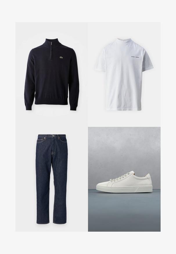 Tumesinine pullover neljatõmbe kaelusega, soonikkoes mansettide ja allaosa äärega, valmistatud pehmest kangast, millel on rinnal väike roheline krokodilli logo.; Valge puuvillane t-särk kõrge kaelusega ja lühikeste varrukatega. Esipaneelil must "SAMSØE SAMSØE" logo. Sile tekstuur.; Tumesinine denimist teksased otse jala disainiga. Omab nupuvajutust ja luku sulgemist, viit taskut ja kontrastsete õmbluste detaile.; Valge nahast tennis, millel on ümmargune varvas, minimalistlik disain, hallad paelad ja tekstureeritud hall kummitald. Näha on peeneid õmblusdetailide.
