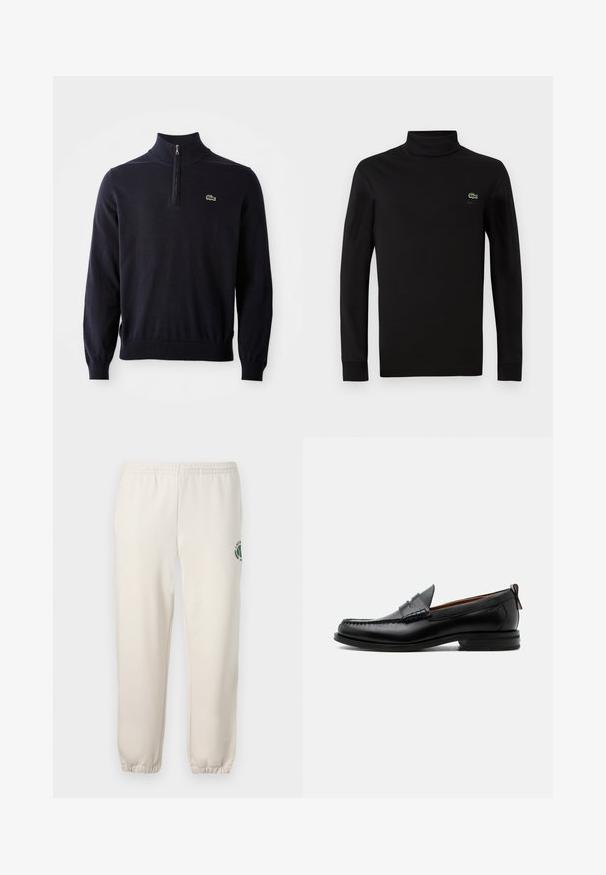 Dunkelblauer Pullover mit einem Viertelreißverschluss-Kragen, Rippbündchen und -saum, aus weichem Material hergestellt, mit einem kleinen grünen Krokodil-Logo auf der Brust.; Schwarzes langärmeliges Turtleneck aus glattem Baumwollstoff, mit einem kleinen grünen Krokodil-Logo auf der linken Brust.; Helle beige Sweatpants aus Baumwolle mit einem elastischen Bund, gerippten Bündchen und einem grünen Logo mit Blattdesign am linken Bein.; Schwarzer Leder-Herrenschuh mit Mokassinnaht, Penny-Riemen, strukturiertem Kragen und niedrigem gestapeltem Absatz auf weißem Hintergrund.