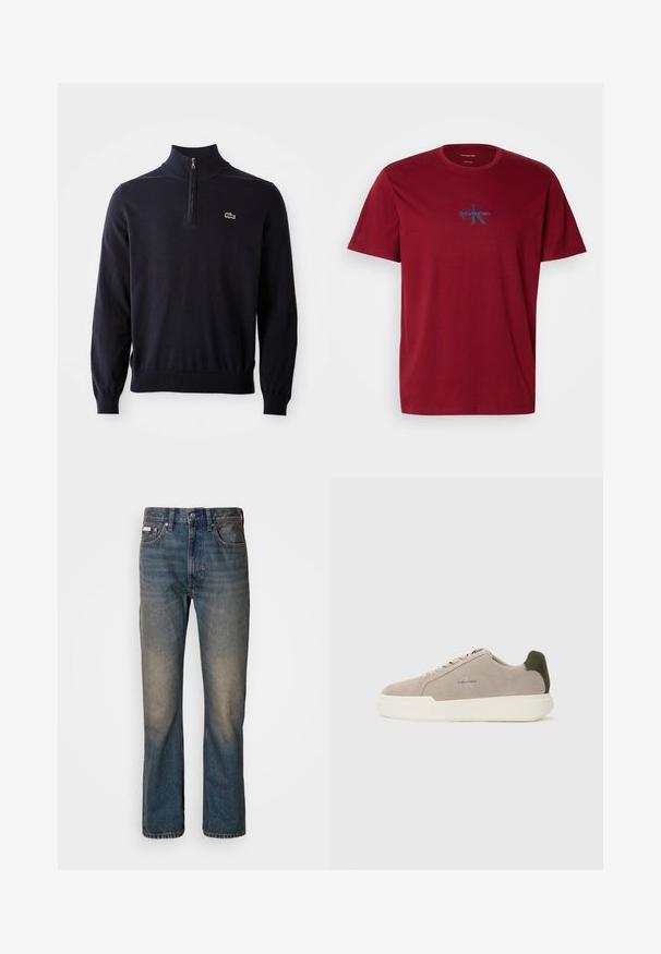 Marineblå pullover med kvart-zip hals, ribbede manchetter og kant, lavet af blødt stof, med et lille grønt krokodillelogo på brystet.; Burgunderfarvet bomulds t-shirt med rund hals, korte ærmer, med et blåt og sort "Calvin Klein" logo grafik på forsiden.; Højtaljede blå jeans lavet af denim, med et lige ben-design, falmede slidte lapper og traditionel fem-lomme stil.; Beige ruskinds sneakers med en hvid gummisål, der har en mørkegrøn hælaccent og subtil branding på siden.