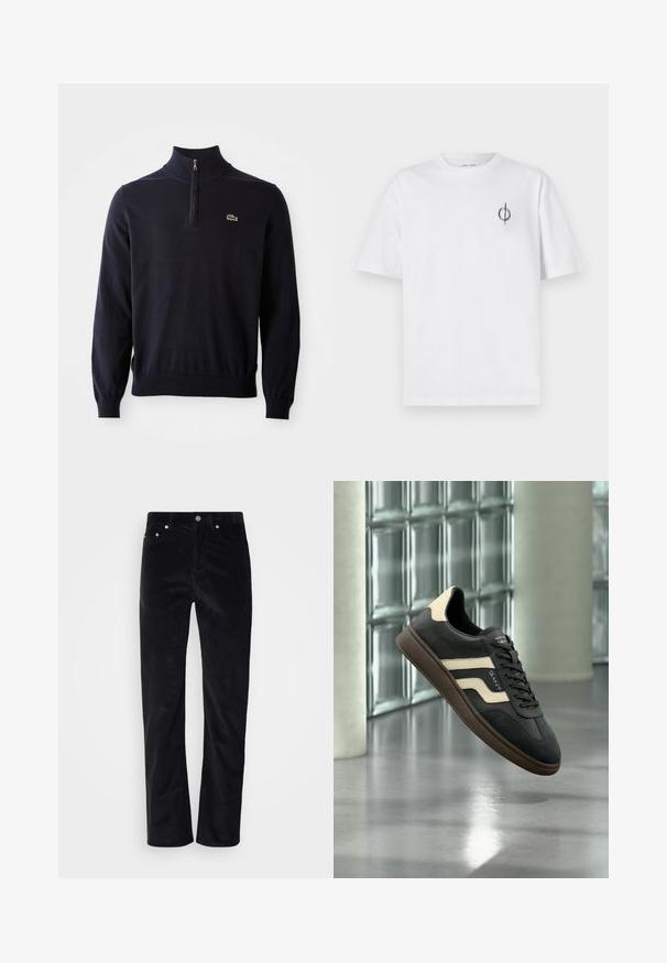 Pull-over bleu marine avec col à fermeture éclair quart de tour, poignets et ourlet côtelés, fabriqué en tissu doux, avec un petit logo de crocodile vert sur la poitrine.; T-shirt en coton blanc avec une coupe décontractée, présentant un petit logo graphique noir sur le côté gauche de la poitrine. Manches courtes, col rond.; Pantalons en velours côtelé noir avec une coupe droite. Présentent une fermeture à bouton et un style à cinq poches. Tissu texturé à côtes.; Baskets noires et beiges avec semelle marron, bandes latérales et lacets, flottant au-dessus d'un sol poli à côté d'un mur en briques de verre.
