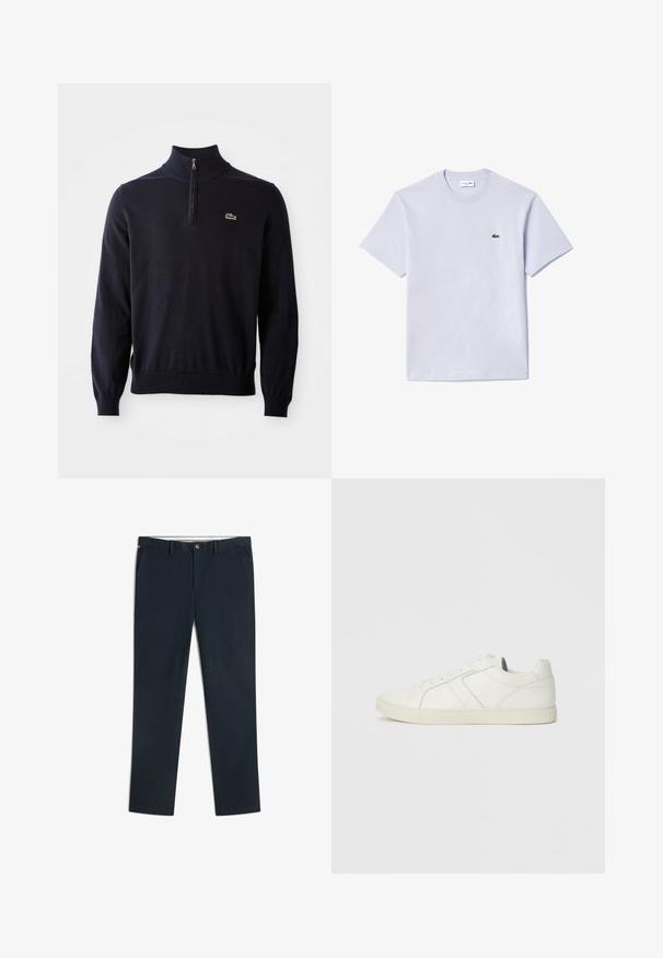 Pull-over bleu marine avec col à fermeture éclair quart de tour, poignets et ourlet côtelés, fabriqué en tissu doux, avec un petit logo de crocodile vert sur la poitrine.; T-shirt en coton bleu clair, col rond, manches courtes, avec un petit logo brodé vert sur la poitrine. Texture lisse.; Pantalon droit bleu marine foncé pour homme avec passants de ceinture, poches latérales et fermeture par boutons sur fond blanc.; Baskets blanches en cuir montantes basses avec fermeture à lacets et semelle en caoutchouc plate, vues du côté intérieur sur un fond uni.