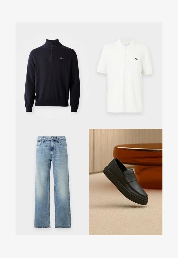 Dunkelblauer Pullover mit einem Viertelreißverschluss-Kragen, Rippbündchen und -saum, aus weichem Material hergestellt, mit einem kleinen grünen Krokodil-Logo auf der Brust.; Weißes Polohemd aus glattem Baumwollstoff mit klassischem Kragen, drei-Knopf-Leiste und kleinem grünen Krokodil-Logo auf der Brust.; Hellblaue Jeans mit geradem Bein, hohem Bund, fünf Taschen, Knopfverschluss und dezentem Verblassen an Oberschenkeln und Knien.; Schwarzer Leder-Pantoffel mit einem Riemen über dem Obermaterial, positioniert auf einem beigen Teppich und neben einem braunen runden Tisch.