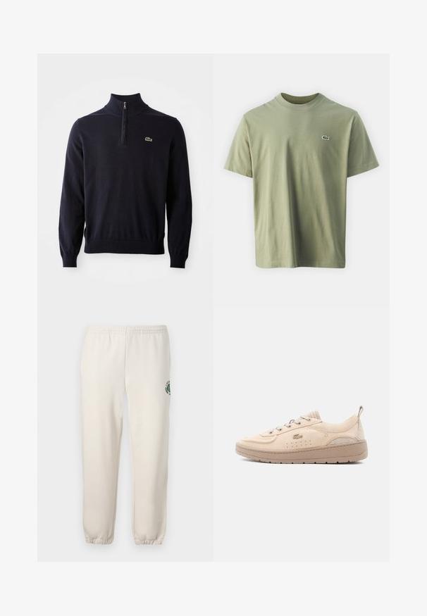 Marineblauwe pullover met een kwart-rits kraag, ribgebreide manchetten en zoom, gemaakt van zacht materiaal, met een klein groen krokodil logo op de borst.; Olijfgroene katoenen T-shirt met een ronde halslijn en korte mouwen. Bevat een klein, geborduurd logo op de borst. Voelt glad aan.; Lichtbeige sweatpants van katoen, met een elastische tailleband, geribde boorden en een groen logo met een bladerenontwerp op het linkerpand.; Beige suède sneaker met veters aan de voorkant, ademende perforaties, dikke zool en een trekkoord aan de hiel, weergegeven vanaf de zijkant tegen een witte achtergrond.