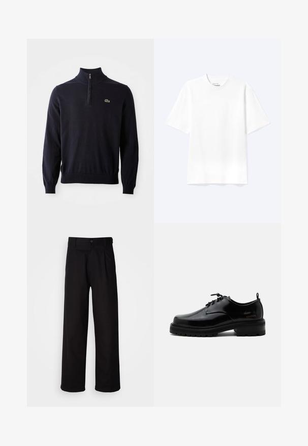 Marineblå pullover med kvart-zip hals, ribbede manchetter og kant, lavet af blødt stof, med et lille grønt krokodillelogo på brystet.; Enkel hvid T-shirt med korte ærmer og rund hals med afslappet pasform, vist på en lys baggrund.; Sorte bukser lavet af glat stof, med lige ben, frontfolder og en enkelt knaplukning i taljen.; Sort poleret læder snørestøvle med tyk gummisål og lav hæl, sideskilt med mærketekst "SAMSOE" og bageste træksnor.