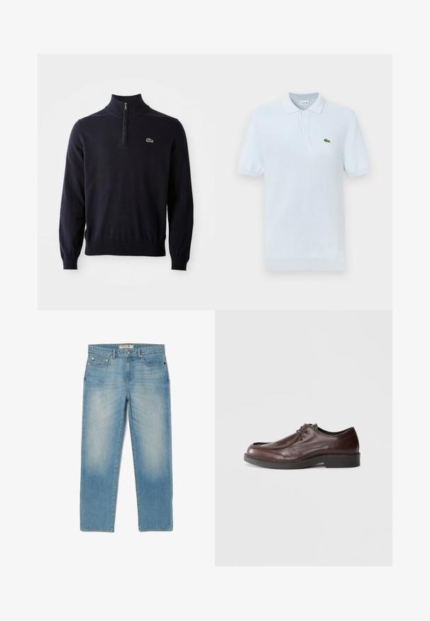 Marineblå pullover med kvart-zip hals, ribbede manchetter og kant, lavet af blødt stof, med et lille grønt krokodillelogo på brystet.; Lyseblå polo t-shirt lavet af blødt bomuld, med klassisk krave, to knapper og et lille grønt krokodillelogo på brystet.; Lyseblå denimjeans med lige ben-design, fem lommer og en let falmet vask. Har sølvhardware og et mærket bånd.; Brune lædersko med rund tå, minimal syning og en solid sort sål. Har snørelukning og en glat overflade.