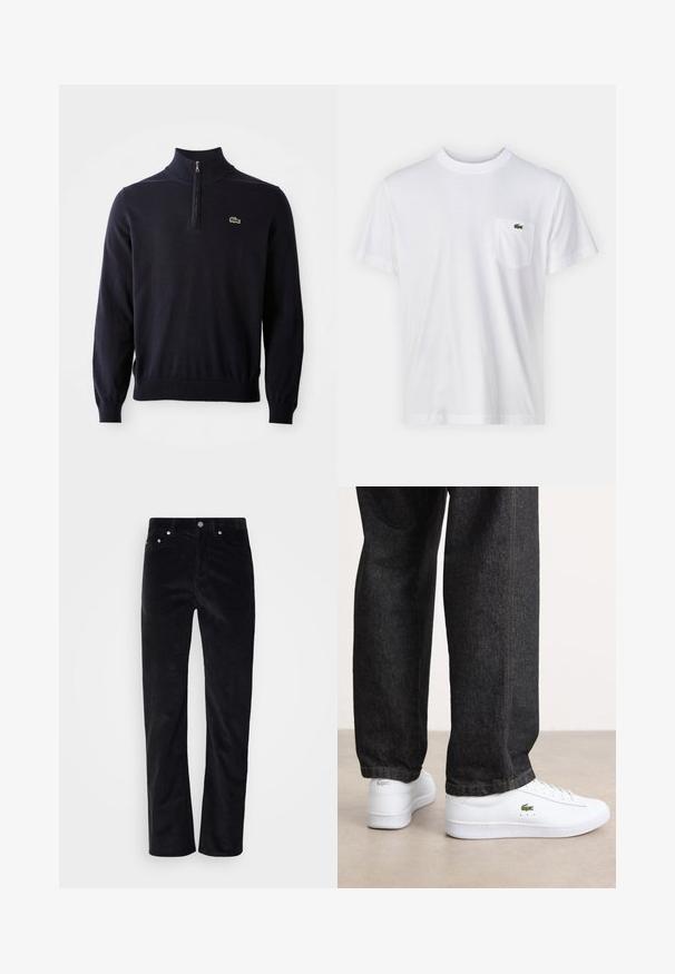 Dunkelblauer Pullover mit einem Viertelreißverschluss-Kragen, Rippbündchen und -saum, aus weichem Material hergestellt, mit einem kleinen grünen Krokodil-Logo auf der Brust.; Weißes Baumwoll-T-Shirt mit Rundhalsausschnitt und kurzen Ärmeln. Verfügt über eine linke Brusttasche und ein kleines grünes Lacoste-Logo.; Schwarze Cordhosen mit geradem Schnitt. Mit einem Knopfverschluss und Fünf-Taschen-Design. Strukturierter, gerippter Stoff.; Weiße Leder-Sneaker mit einem flachen Design und grünem Logo, kombiniert mit dunklen Jeans aus Denim mit gelben Nähten.